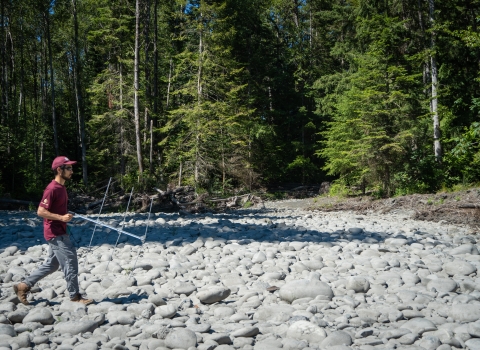 Service Intern, Eric Klingberg, walking along a river bank as he tracks radio tagged fish using an antenna and receiver.  