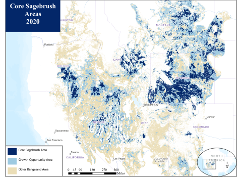 sagebrush habitat in the western US, identified as "core sagebrush areas," "growth opportunity areas," and "other rangeland areas"