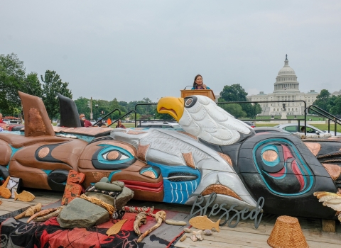 Secretary Haaland speaking on the National Mall at the arrival of a 25 foot totem pole carved by Lummi Nation carvers