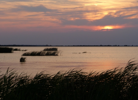 A setting sun ducks behind clouds over an expanse of open water dotted with marsh grasses
