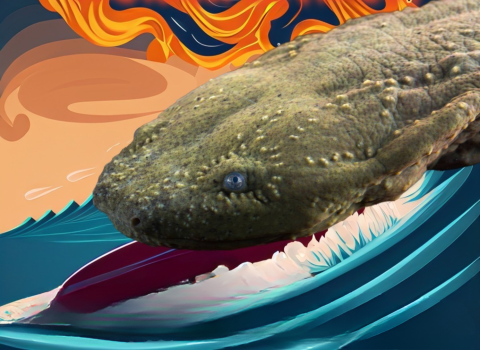 A photoshopped image of an eastern hellbender riding a cartoon surfboard on a wave with flames in the sky."hellbender" is written at the top in Horror B-movie poster font style.