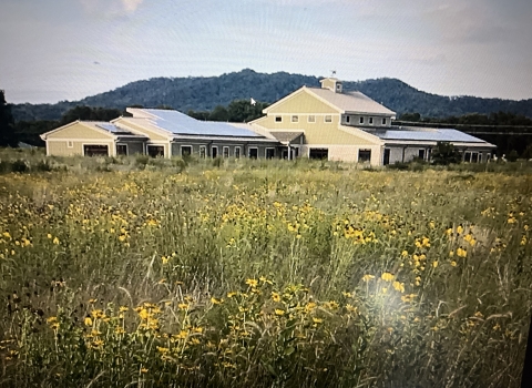 The La Crosse District Visitor Center features a green building surrounded by yellow wildflowers