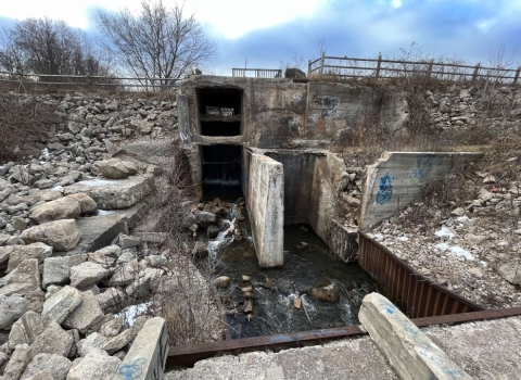 Crumbling concrete dam in Rose City, Michigan blocks passage of fish and other aquatic animals through Beechwood Creek and creates a safety hazard for people and wildlife.