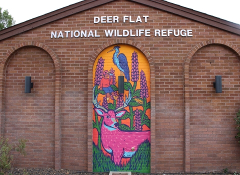 Colorful mural of a deer, boy and heron on a brick building that reads "Deer Flat National Wildlife Refuge"