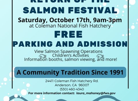 oin us for this one-day, family-friendly event celebrating a community tradition since 1991! The Return of the Salmon Festival offers a fun and educational day packed with live salmon viewing, spawning operations, interactive information booths, and engaging activities for kids of all ages. Date & Time: Saturday, October 17th | 9:00 AM – 3:00 PM Location: Coleman National Fish Hatchery (24411 Coleman Fish Hatchery Rd., Anderson, CA) Cost: FREE admission & FREE parking! For details, reach out to laura_ma